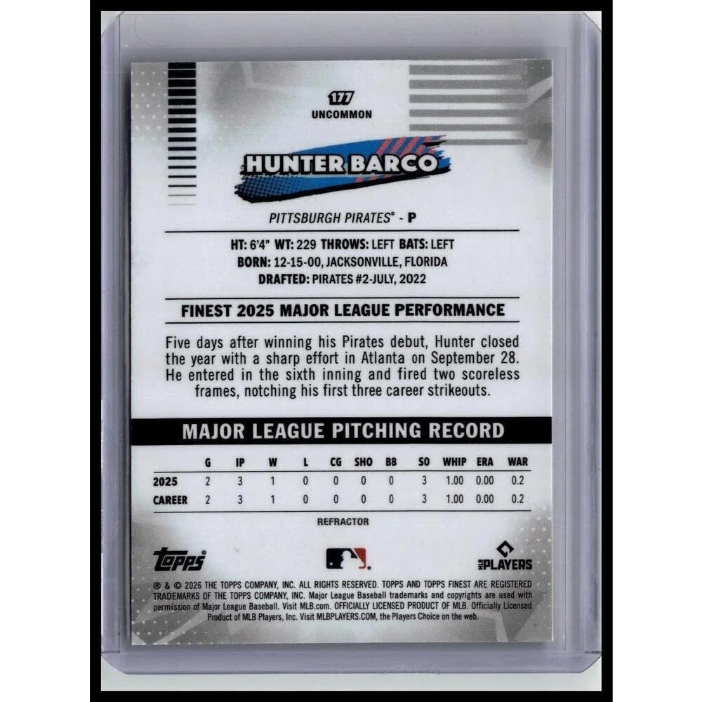 2026 Topps Finest Hunter Barco 177 Pirates Uncommon